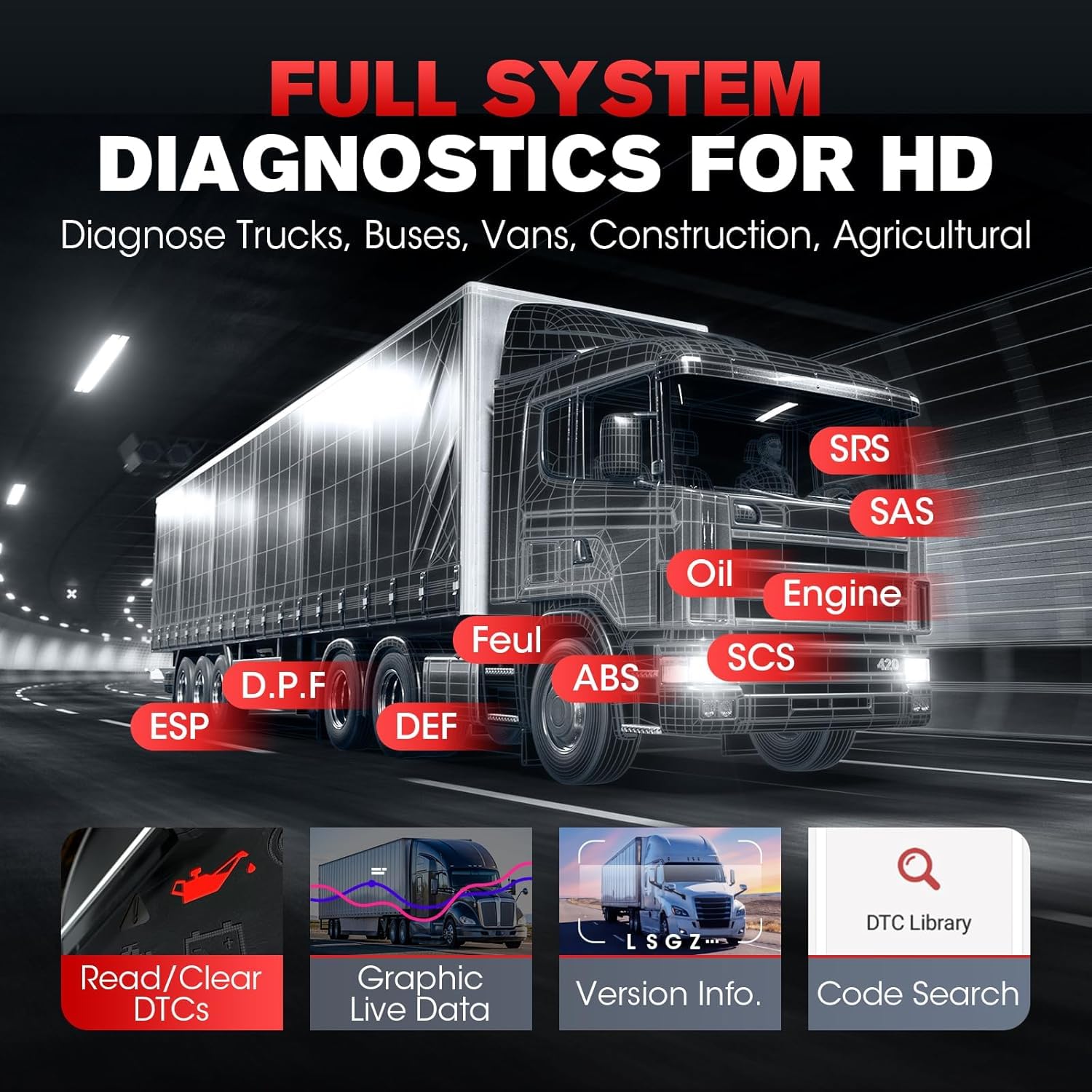LAUNCH CRP129 HD - Herramienta de diagnóstico para camiones de alta resistencia, sistema completo de diagnóstico diésel con 7 reinicios, restablecimiento y restablecimiento de DPF, ajuste de límite de