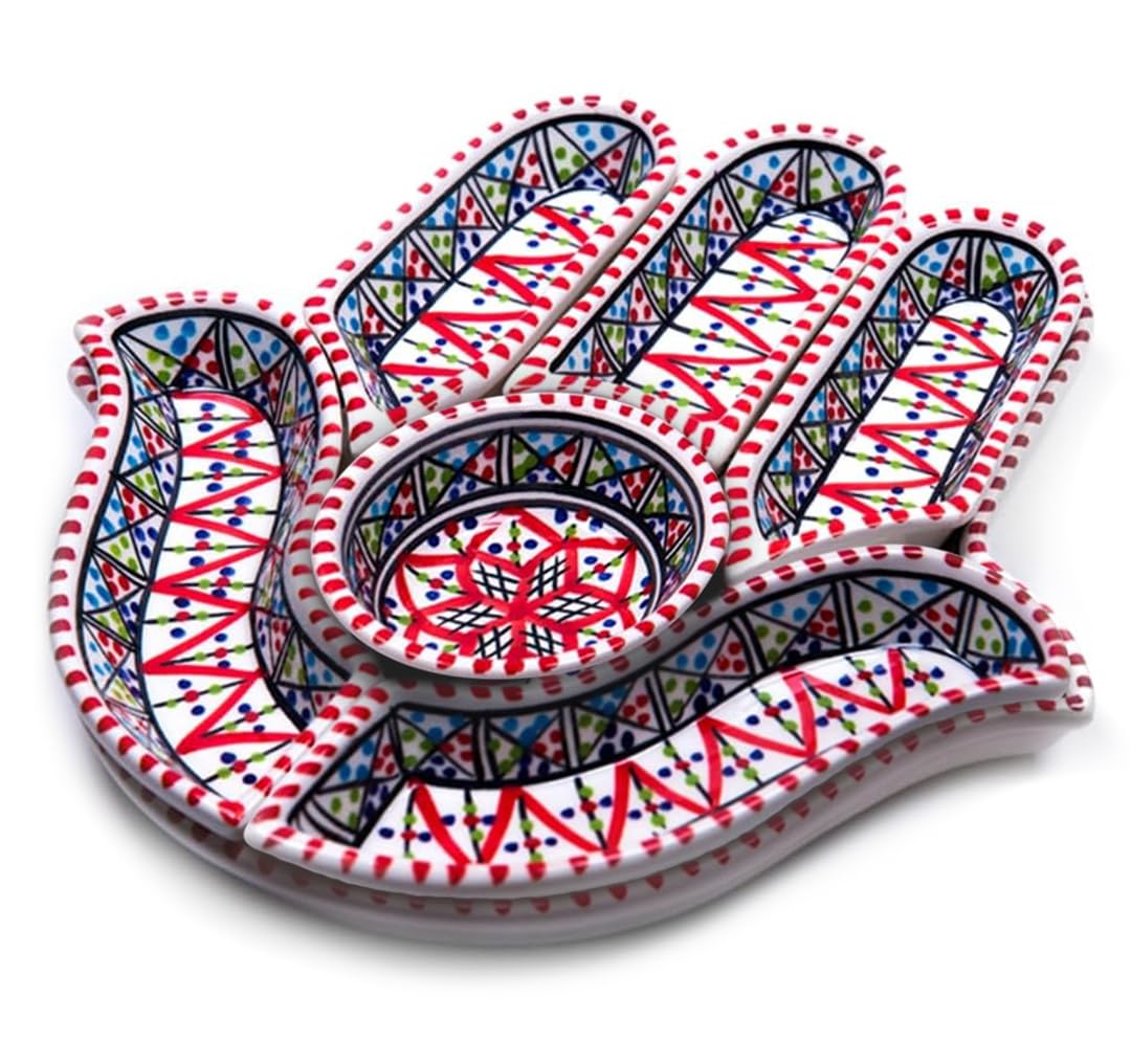 Kamsah Hamsa Serving Platter – 7-Piece Hand-Painted Ceramic Colorful Serving Dishes for Snacks, Appetizers, Dips and More – Moroccon Decorative Platters for Celebrations, Parties and Events