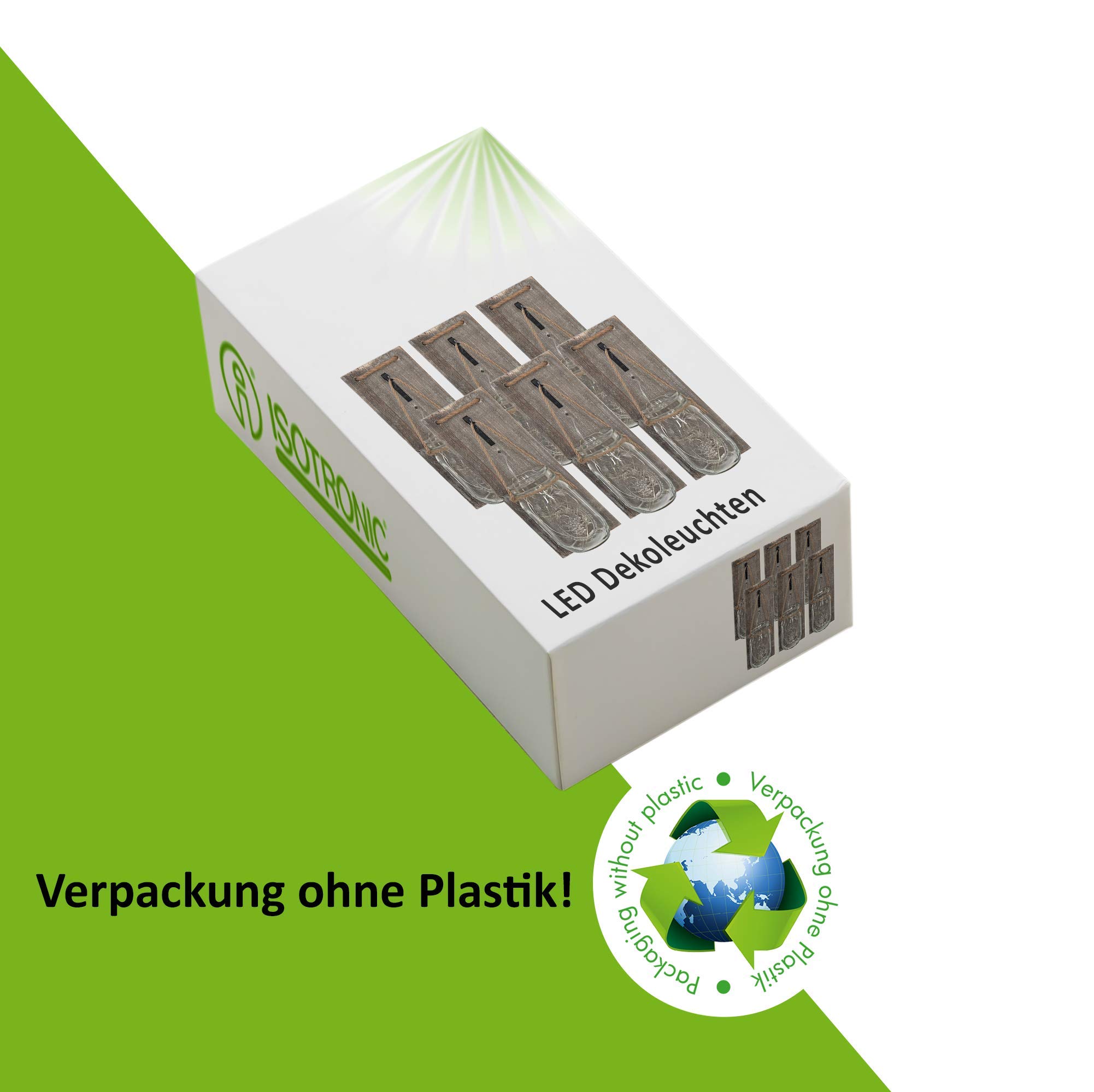 ISOTRONIC LED Dekoglas Wandleuchte 6er Set – Mason Jar Wanddeko mit Lichterkette & Holzbrett – Rustikale Wanddekoration im Landhausstil – Batteriebetriebene Hängeleuchte – DIY Einmachglas zum Befüllen