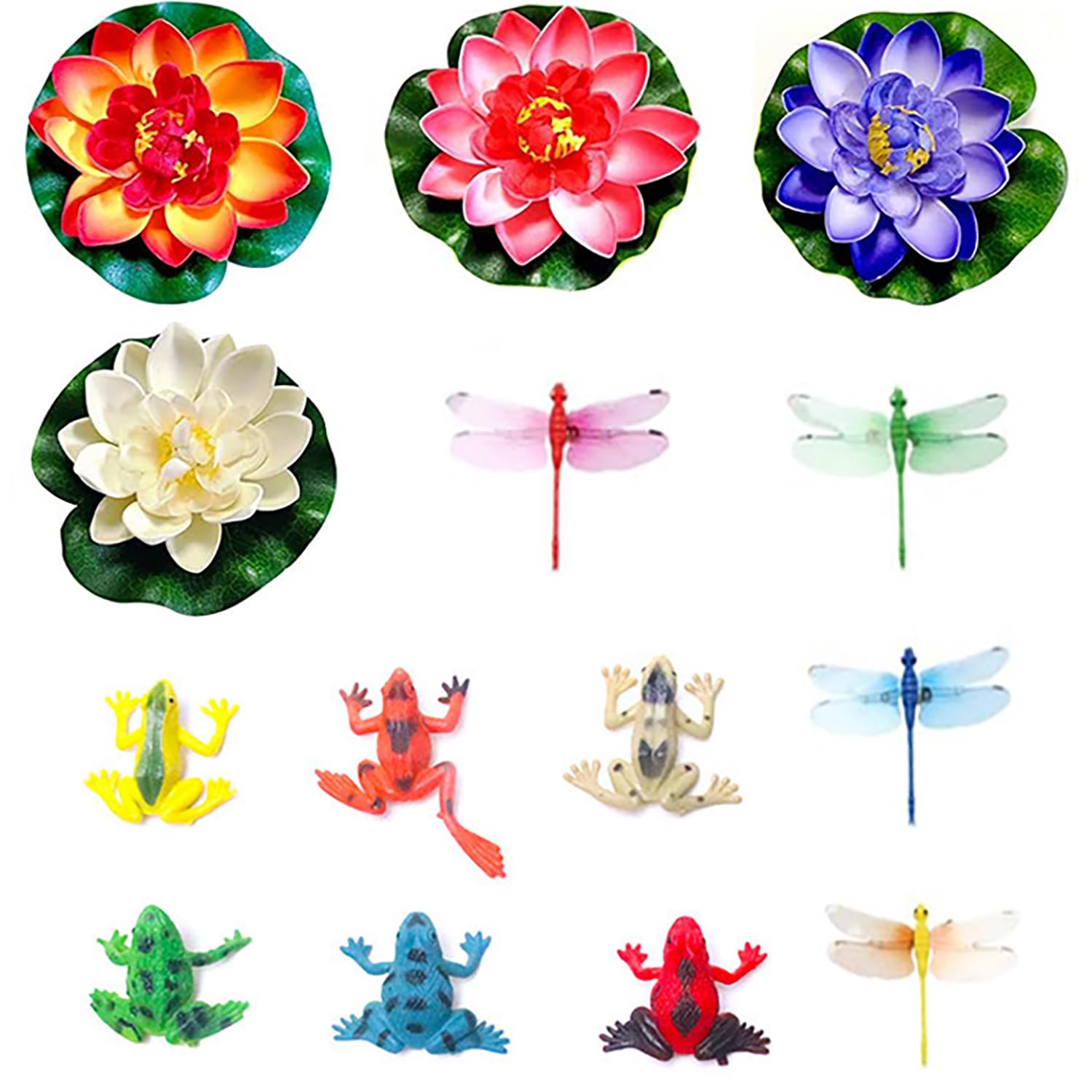 14 Pièces Nénuphar Flottant Fleurs Artificielles, Fleur de Nénuphar de Lotus avec Libellule Grenouille Artificielle Nenuphar Flottant Lotus pour Jardin, Aquarium, Etang de Jardin Décor