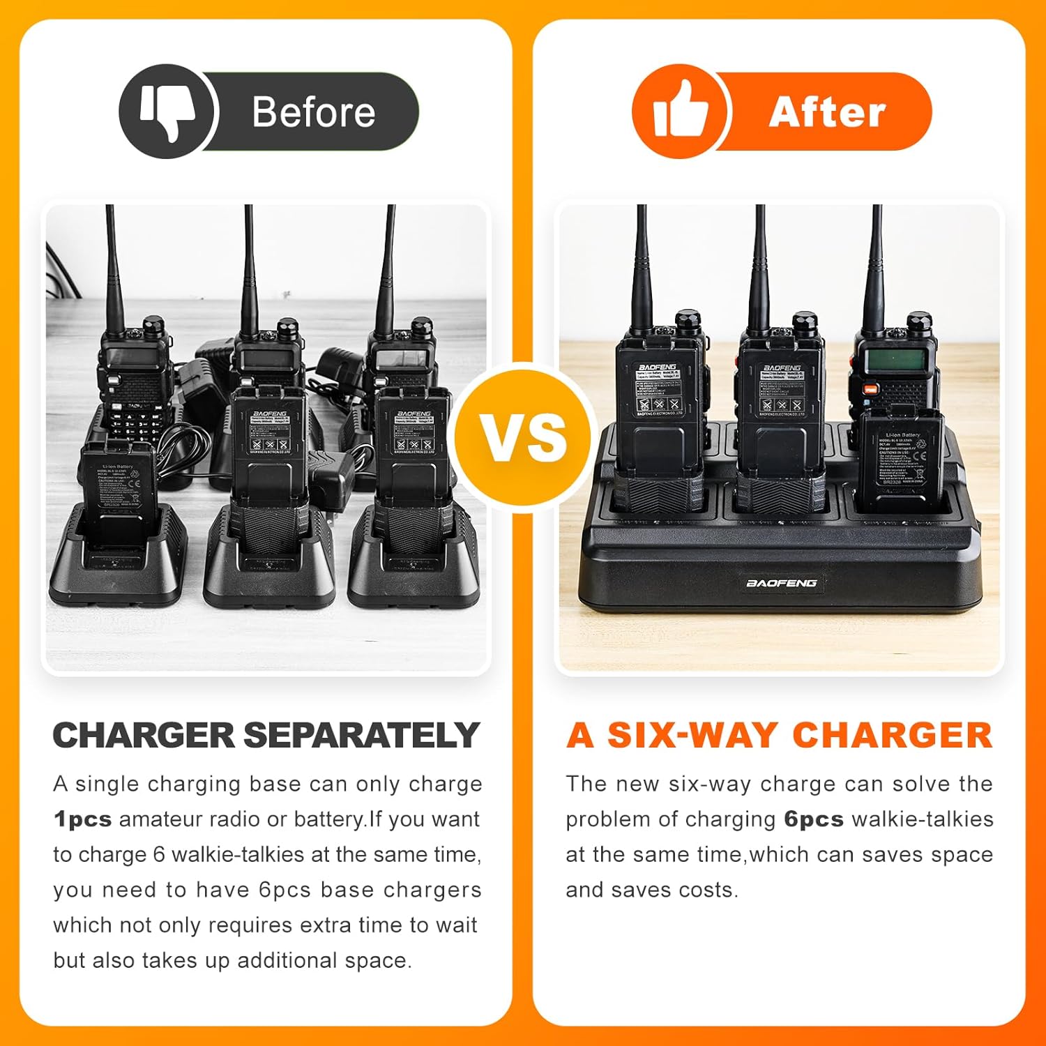 Comparison of charging multiple radios with individual chargers versus a six-way charger