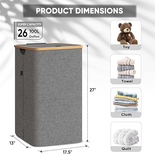 Miniatura 3 de BALEINE Cesta de lavandería con tapa, cestas altas para la ropa sucia con asas de bambú, contenedor grande para la ropa sucia con soporte interno