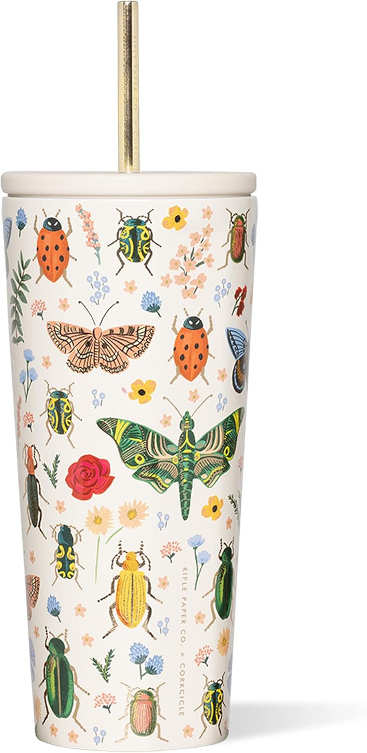 Corkcicle x Rifle Paper Co. Cold Cup Insulated Tumbler with Lid & Straw - Keeps Drinks Cold 12 Hours - Gift for Mom - Great for Mother's Day or Christmas - 24 oz - Curio Cream