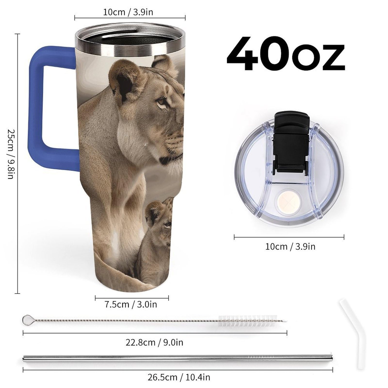 Autobecher aus 304 Edelstahl, Löwin mit Cub Tumbler mit Strohhalm und auslaufsicherem Deckel, großes Fassungsvermögen, vakuumisolierter Reisebecher für Auto-Becherhalter, 1,2 l
