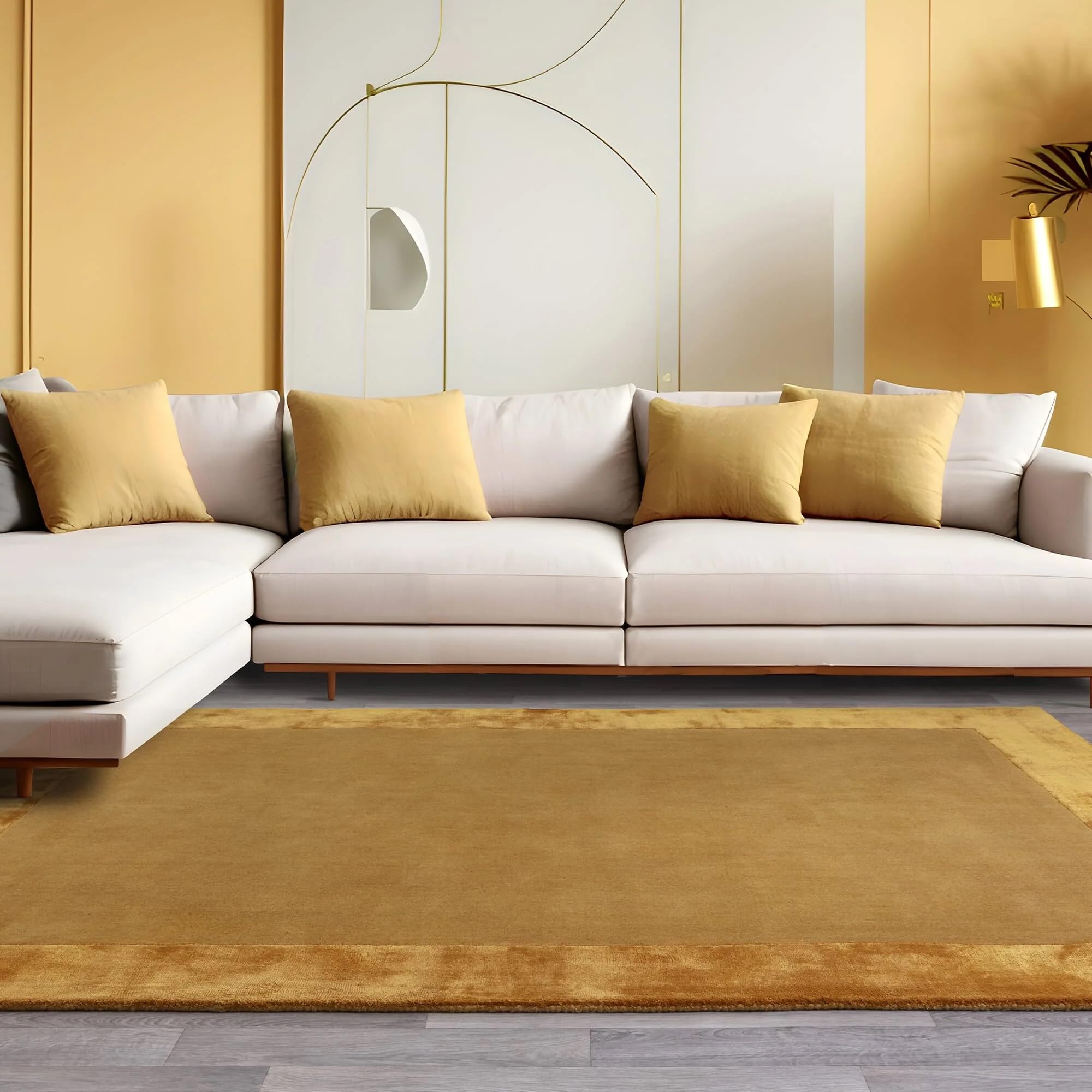 Lord of Rugs Ascot Rug for Living Room Bedroom Soft Wool Plain Hand Woven High Shine Viscose Bordered Rug Gold Yellow Small 80x150 cm (2'6"x5')