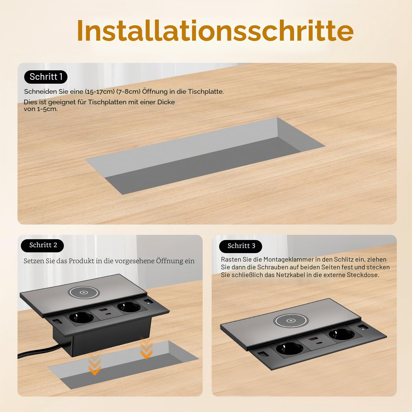 Einbausteckdose Versenkbar, 2 Fach Einbausteckdose mit Deckel, USB C PD 30W USB A, Tischplatte Einbausteckdose mit Kabellosem Laden, für Schreibtisch Küche Büro Konferenztisch, 1,8m Kabel