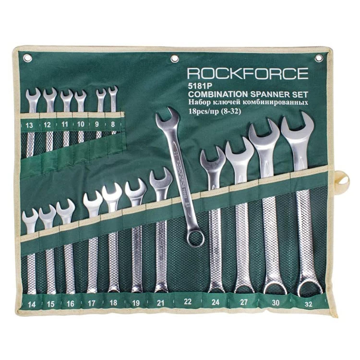 RockForce Combination Spanner Set 18pcs (8-19, 21, 22, 24, 27, 30, 32mm), on holder