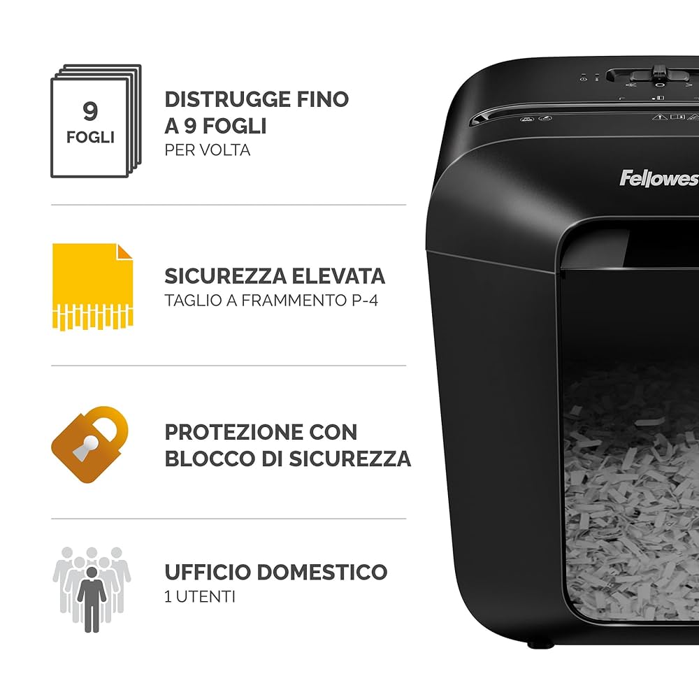 Fellowes Tritadocumenti LX50 - Distrugge 9 Fogli, Cestino 17L, Per Casa E Ufficio, Nero