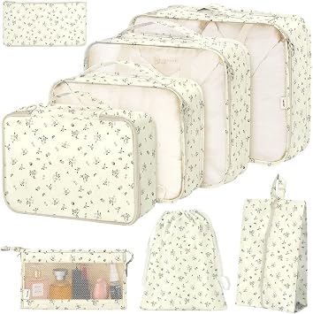 8 Set Packing Cubes for Suitcases, Packing Cube with Shoe, Cosmetics, Clothing, and Accessories Bags for Travel Luggage Organizer Women MenGrey Flowers