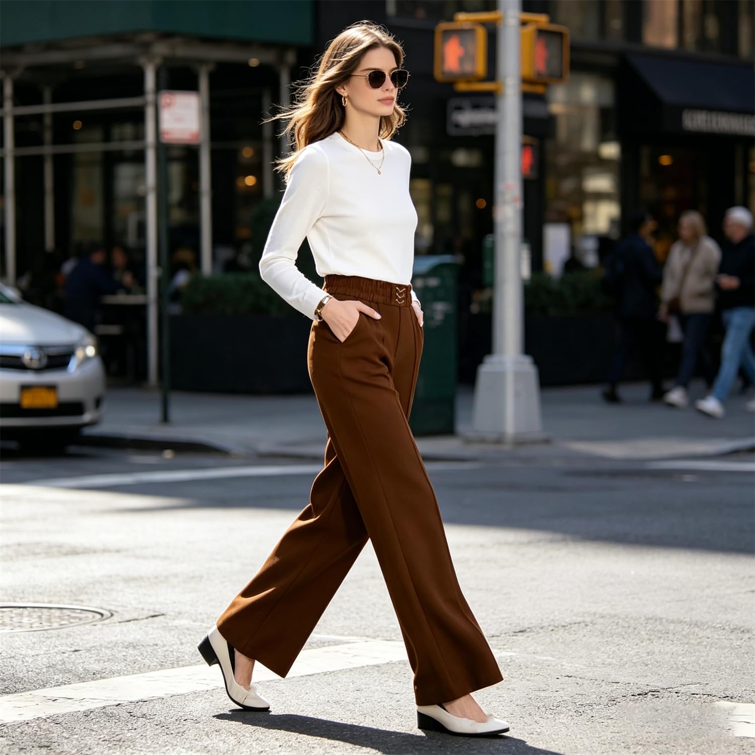 Pantalones de Vestir para Mujer de Talle Alto y Pierna Ancha | Tejido Fluido y drapeado | Pliegues Frontales definidos | Estilo Formal y Casual