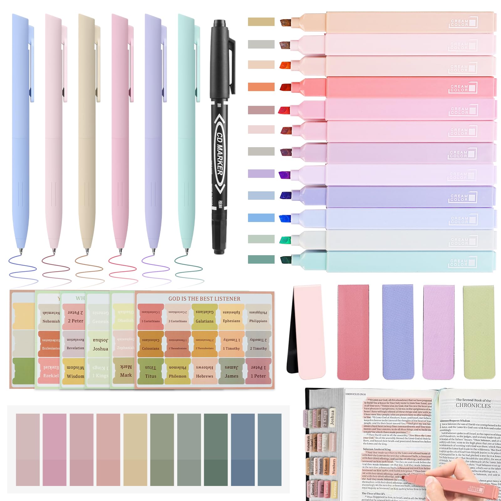 31Pcs Bible Journaling Kit, 12 Bible Highlighters, 6 Smooth Writing Pens, 90 Bible Tabs, Magnetic Bookmarks, Sticky Notes, Bible Study Supplies, Bible Study Kit for Women