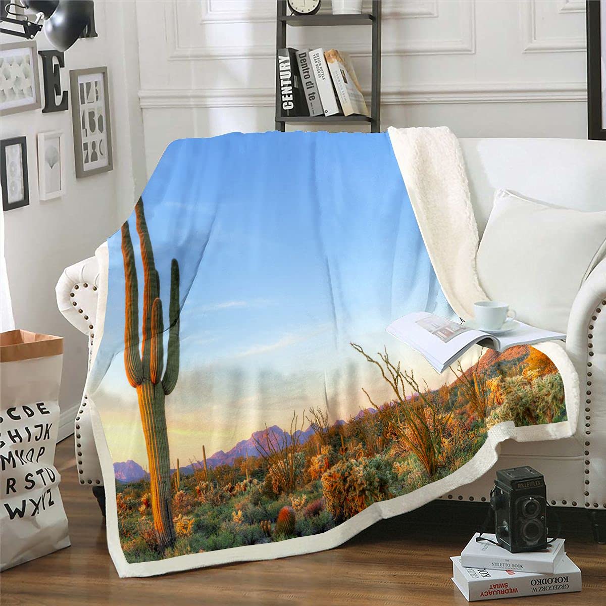 Homemissing Cactus Saguaro Fleece Throw Blanket Kids Cactus Plants Sunset Landscape Wild Fleece Throw Blanket Boys Girls Teens Green Blue Fuzzy Blanket for Sofa Bed,King 87x94 Inch