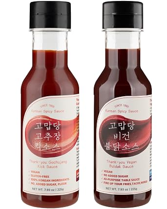 Thank-you Vegan Buldak and Gochujang Kick Sauce Bundle, 2 Pack | Two squeeze bottles, Everyday heat plus fire heat, Allulose sweetened, No corn syrup, Plant based