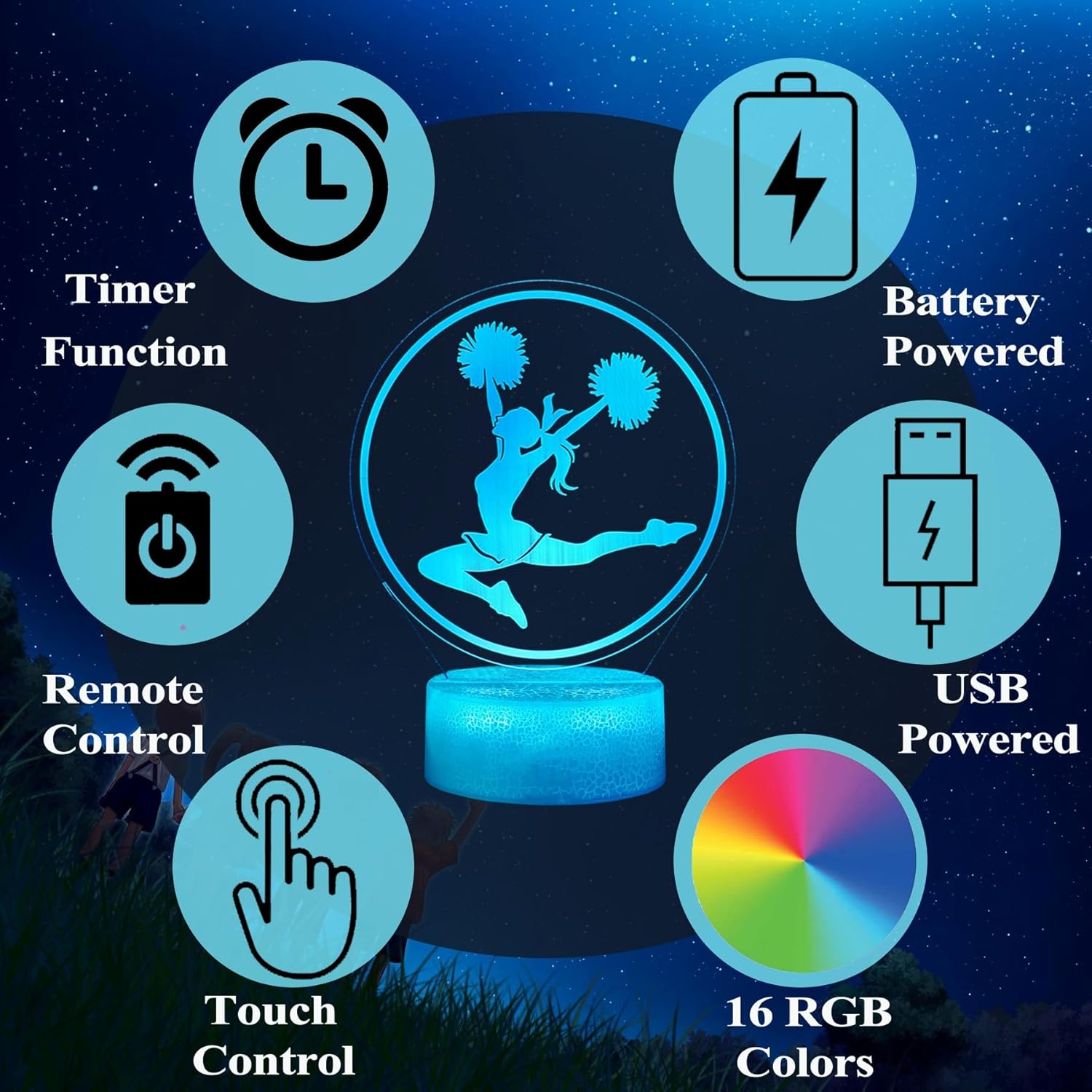 Cheerleader Gifts, Cheerleader 3D Night Light with 16 Colors Changing, Timer, 4 Flash Modes and Dimmable, for Birthday Xmas Cheering Squad Gifts for Room Decor Girls - Image 8