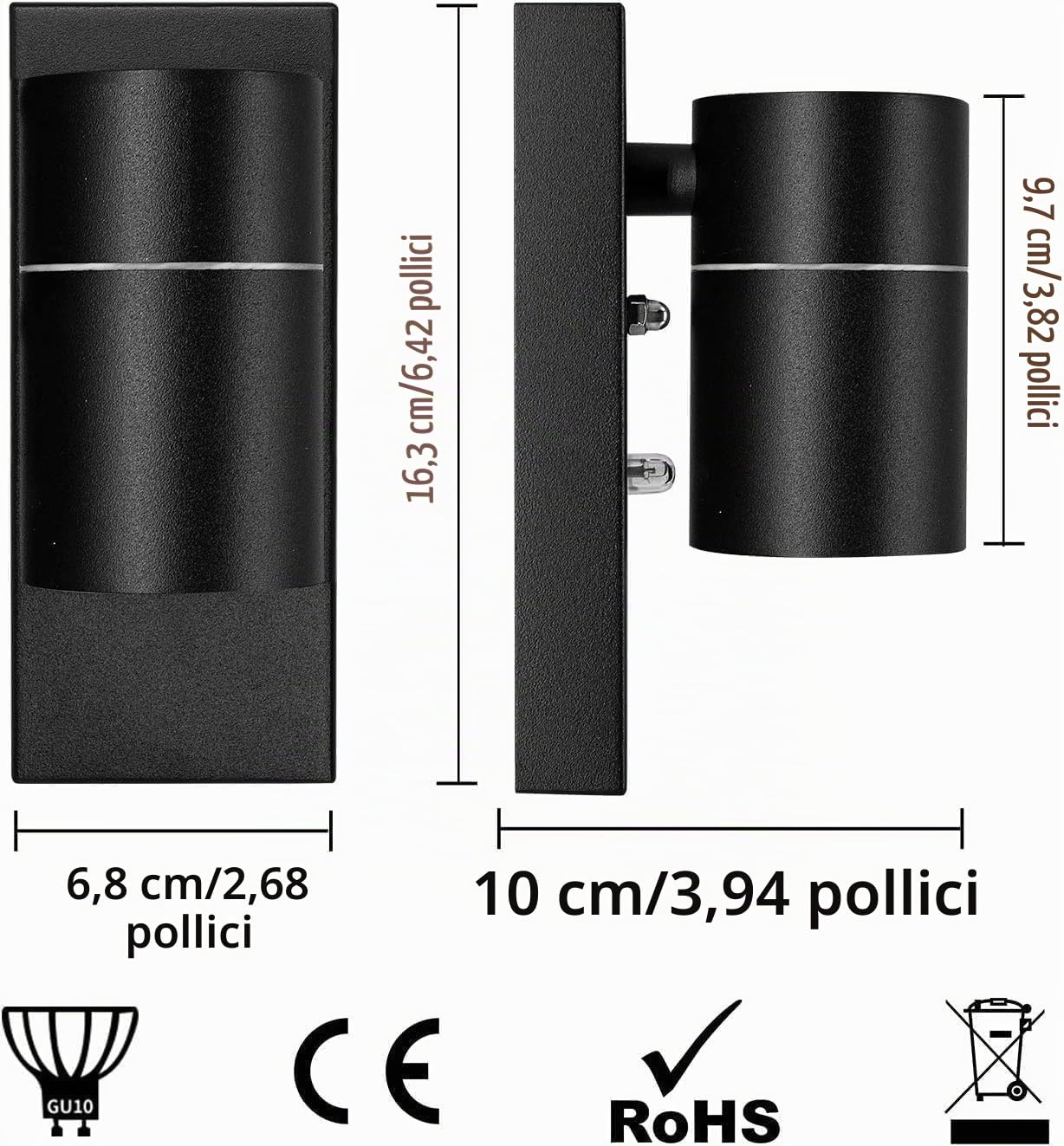 Applique da Esterno/Interno LED con Sensore Crepuscolare GU10,Luce Calda 5W,Lampada da Parete Esterno IP44 Faretto da Parete Moderno Nero per Scala,Corridoio,Balcone,Villa Bagno