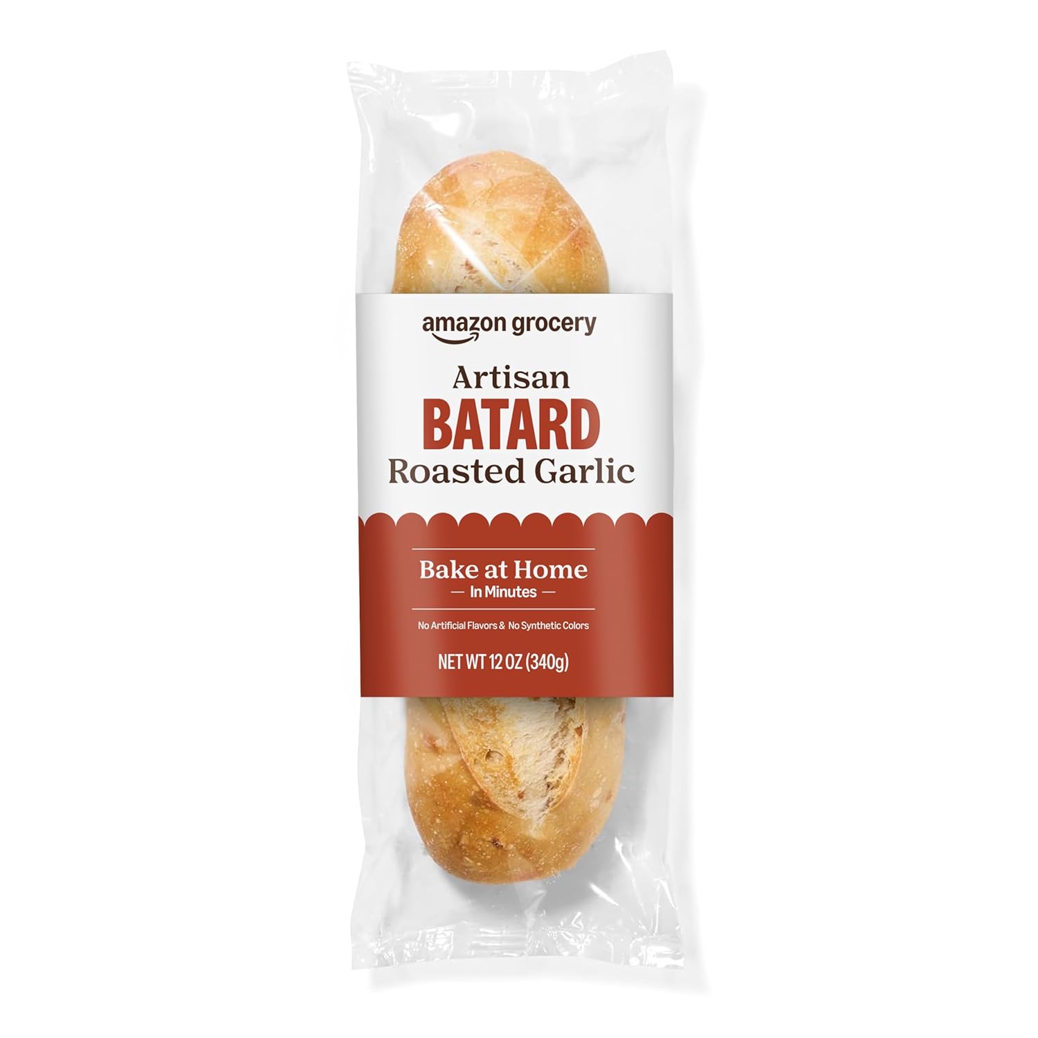 Amazon Grocery Artisan Bake at Home Roasted Garlic Batard 12 oz Frozen Bread - Crispy Crust Soft Garlic Center