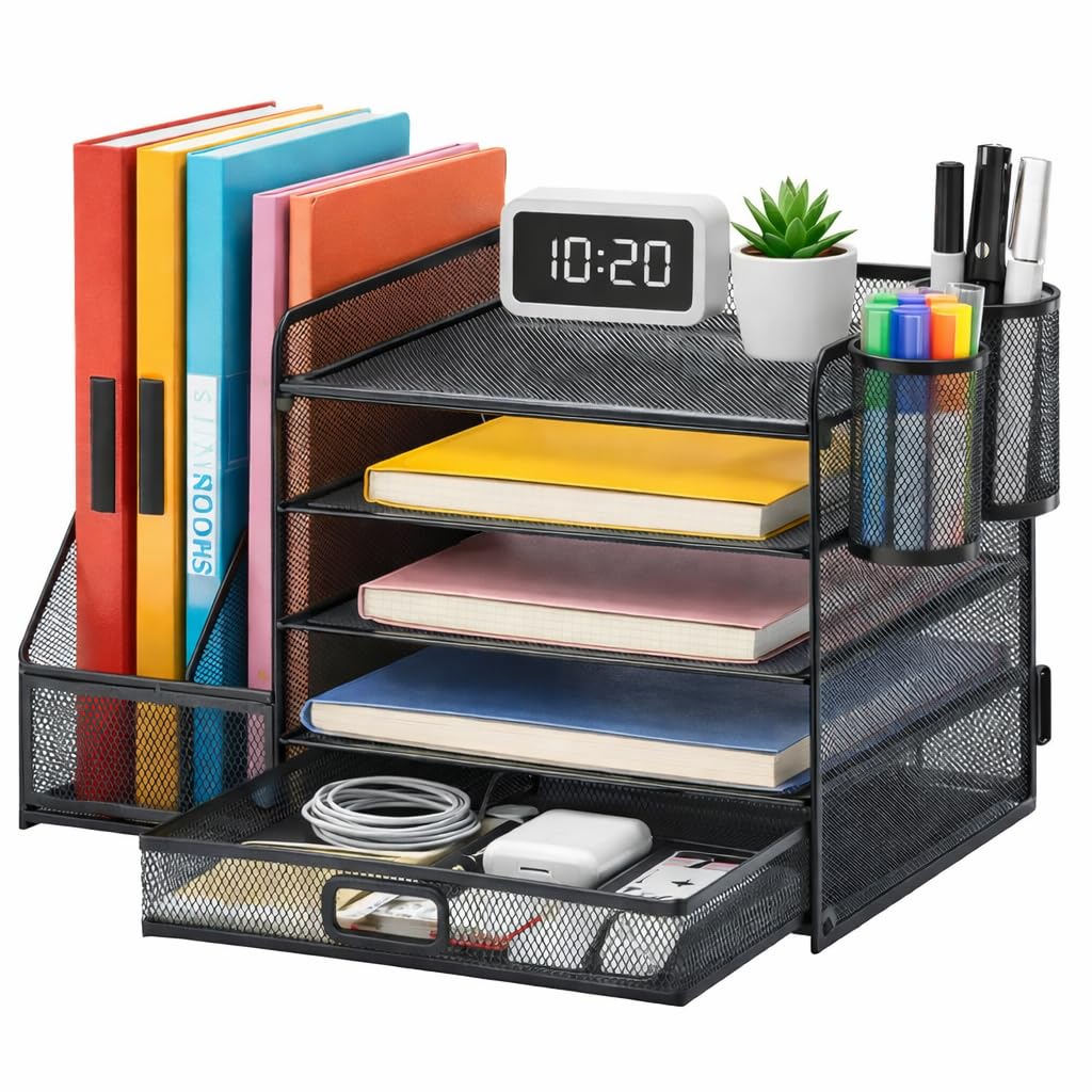 Lukana Schreibtisch Organizer mit 5 Ablagen – Briefablage, Stiftehalter & Schublade – Büro Organizer aus Metall Mesh – Dokumentenablage A4 – Platzsparend Schwarz