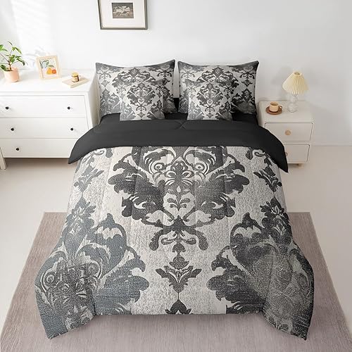 Feelyou Grey Black Damask Comforter Set with Sheets Gothic Antique Victorian Bar