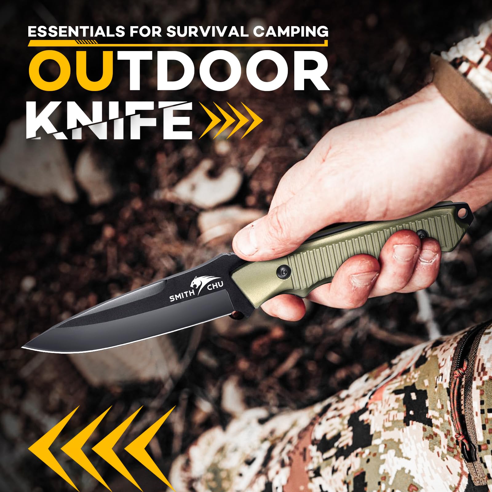 SMITH CHU Coltello da esterno con Paracord Coltello da sopravvivenza con fodero Coltello da caccia Full Tang Lama fissa Manico in lega Regalo per uomo