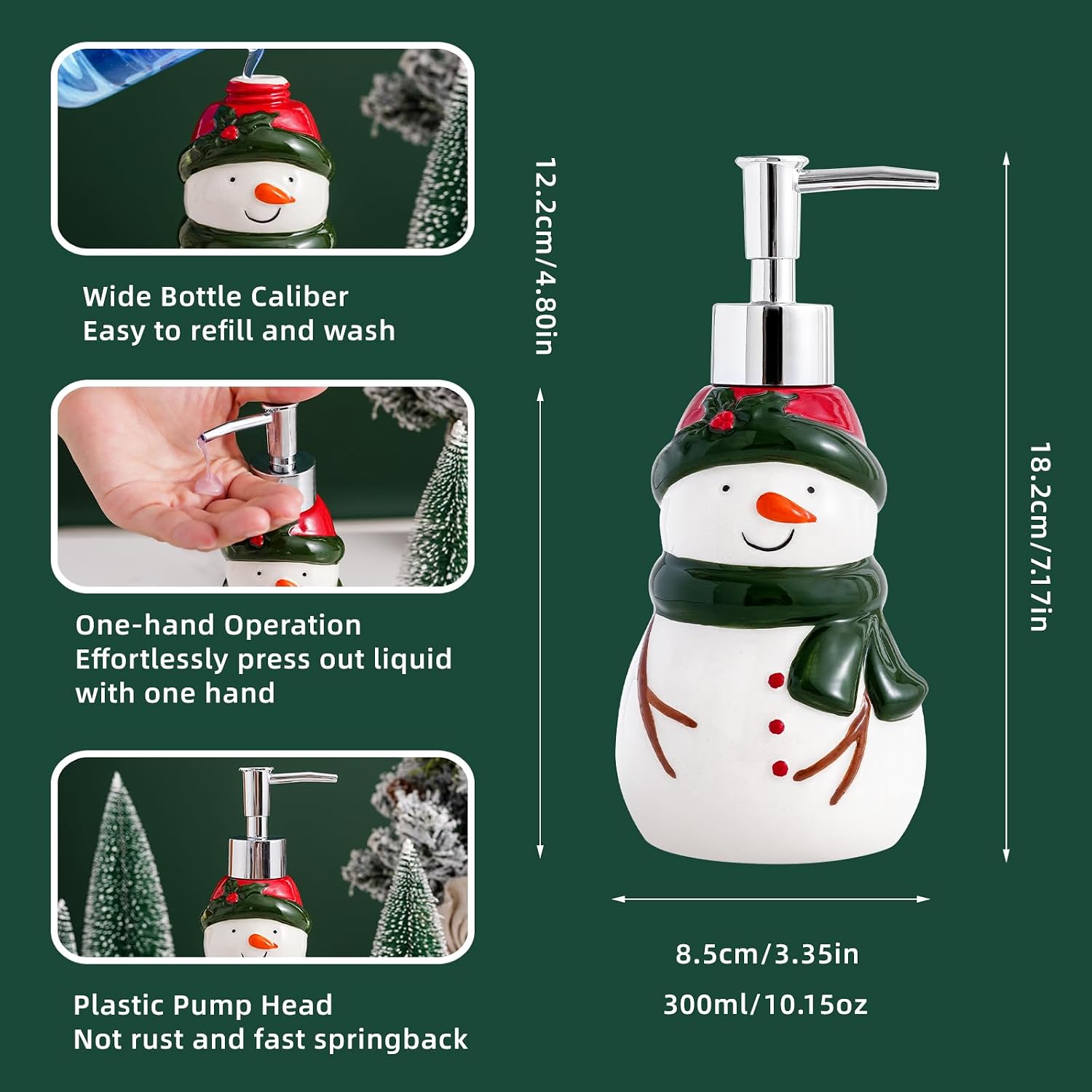 Christmas Snowman Ceramic Soap Dispenser - 10 oz Hand Lotion Bottle with Pump - Refillable Liquid Hand Soap Jar for Bathroom & Kitchen - Holiday Decor