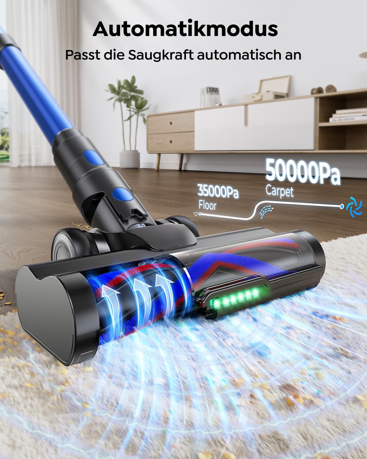 SunSare Akku Staubsauger Kabellos 600W/50000Pa/65Min, Akkustaubsauger mit 1M Schlauch, Aromafunktion, Flexibles Biegegelenk, Wandladehalterung, Automatikmodus für Hartböden Teppiche Tierhaare