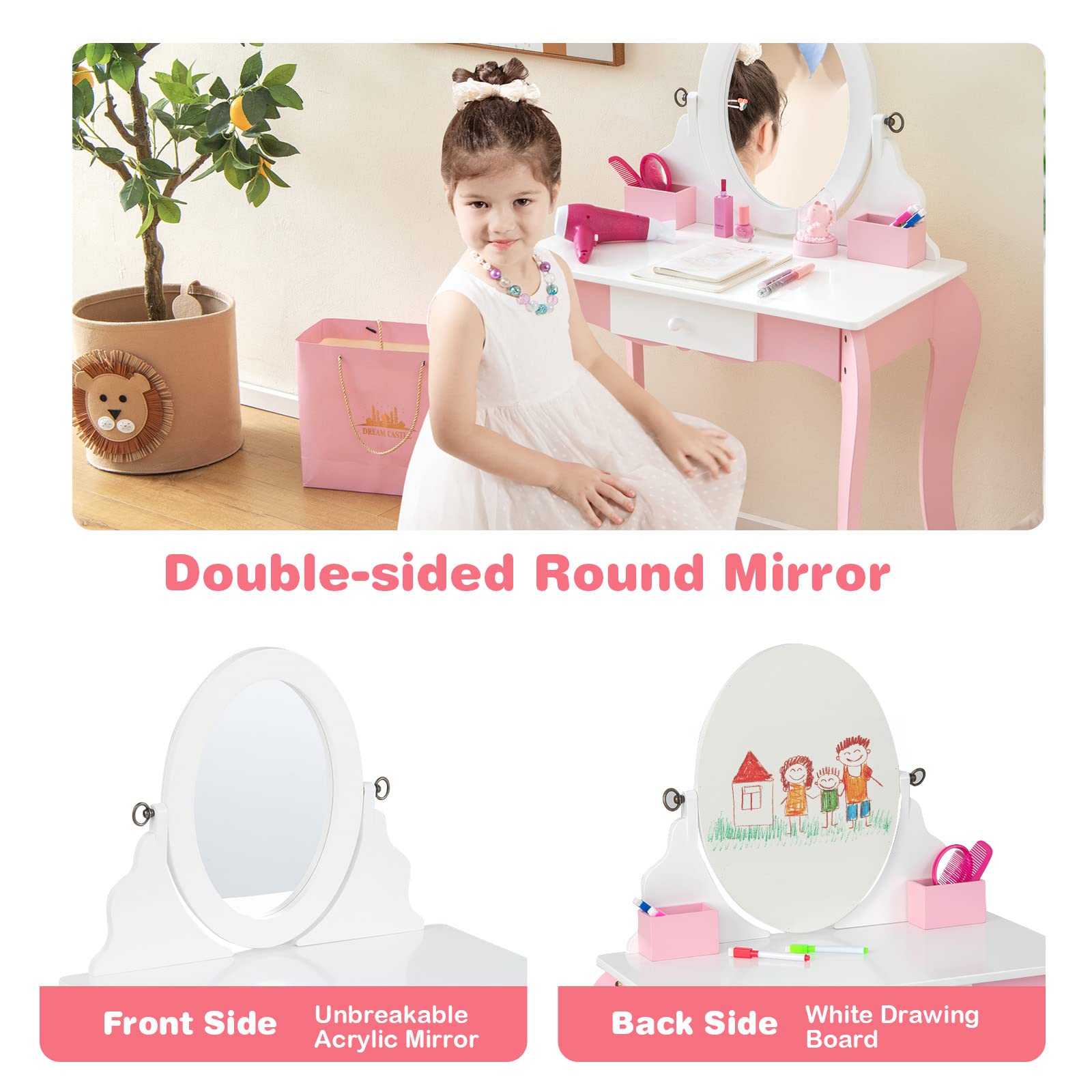 LIFEZEAL Coiffeuse Enfant 2 En 1 Avec Miroir Amovible - Table De Maquillage Rose/Blanc - 10 Accessoires Jouets - 50kg Charge