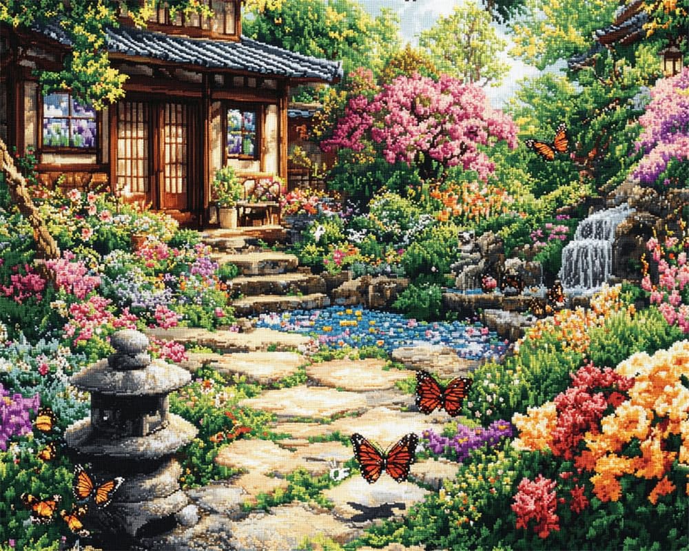 Henypt Advanced 11Ct Embroidery A Dog and Butterflies in A Courtyard Cross Stich Kit Adults Beginners,Stamped Cross Stitch Kits,Christmas,Birthday Gifts Needlework Kit