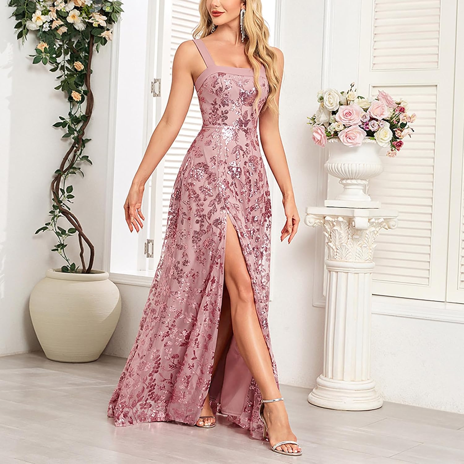 Women's Shimmer Maxi Dress Evening Wedding Guest Long Dresses | Formal Gowns for Women, Side High Split Sleeveless Strap Dress Party Cocktail Gown
