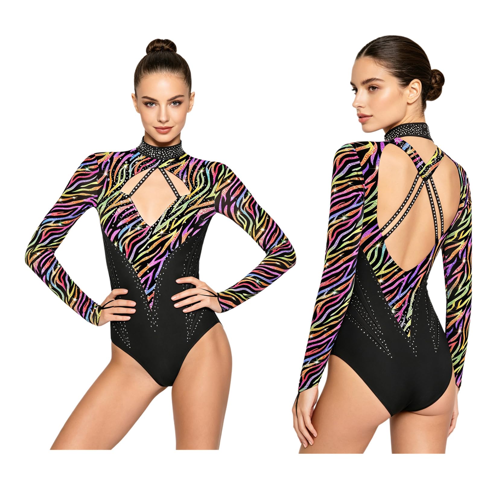 FEESHOW Damen Gymnastikanzug Damen Turn Und Tanzkörperbekleidung Tanzwettbewerb Glitzer Ballettanzug Tiefer Rücken Tanz Leotards Wettbewerbe