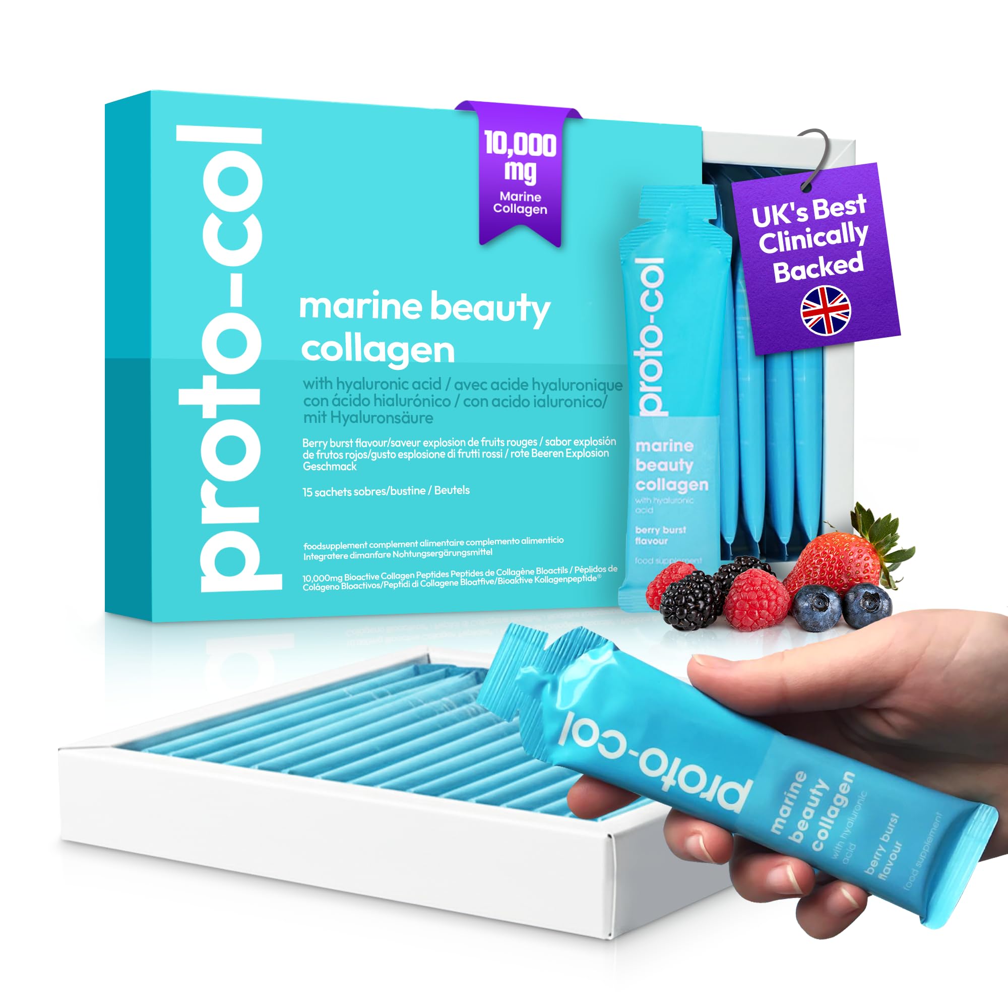 Proto-col Marine Collagen - 10,000mg hydrolysed Collagen Peptides Liquid Gel Sachets with Hyaluronic Acid & Vitamin C - High Absorption Formula for Skin Hydration & Anti-Aging Support (15 Sachets)