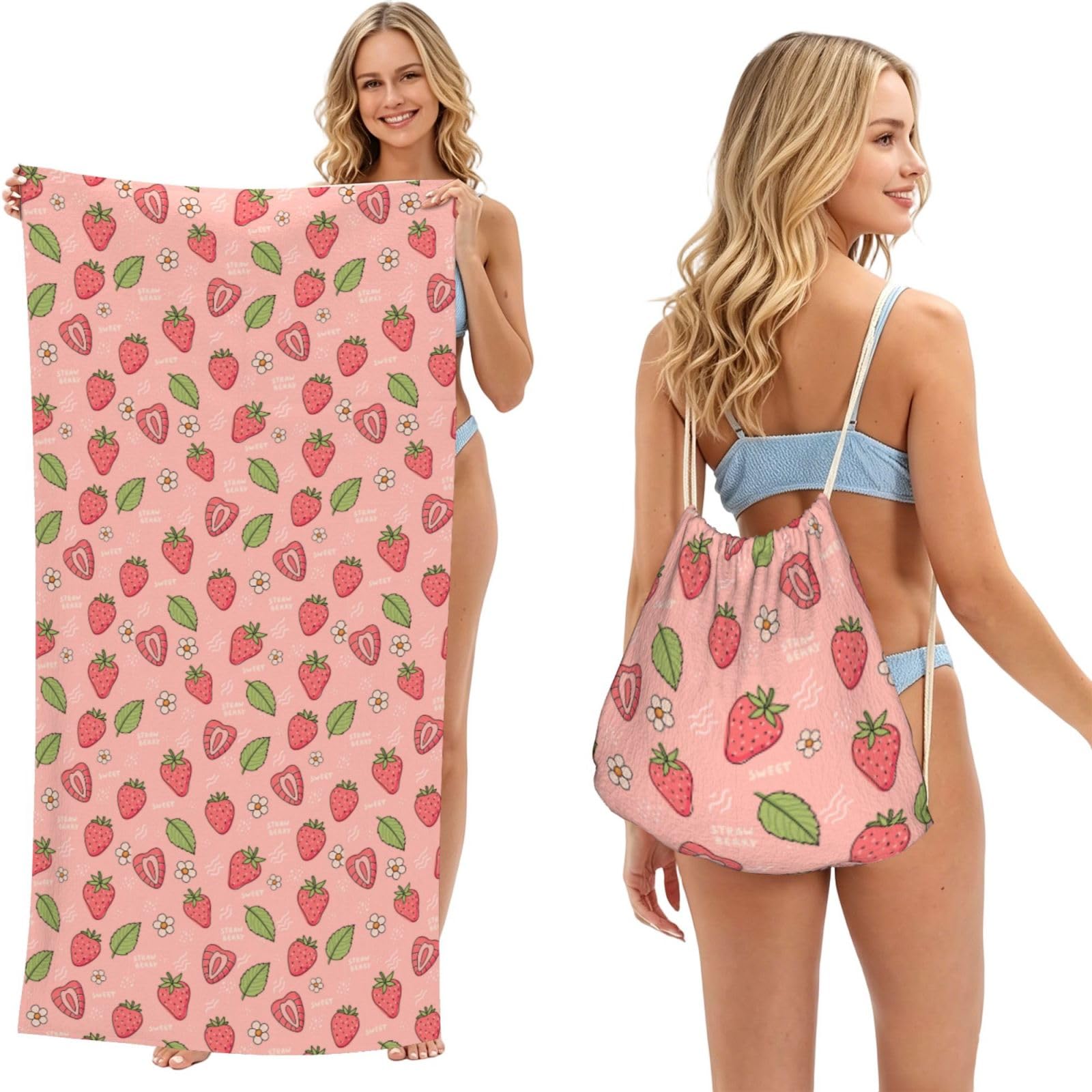 Noble Ren Pink Adorable Strawberries 2 In 1 Packable Towel Bag Beach Backpack Unisex Suitable For Travel Picnic Vacation And Camping