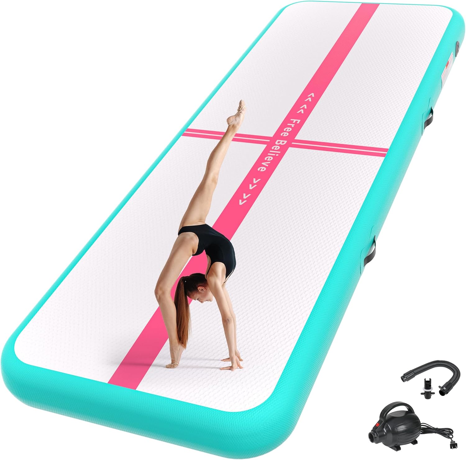 Inflatable Gymnastics Mat Air Tumble Track Mats 10/13/16/20ft Training Mats for Home Use Air Mat with Pump 4”/6” Thick for Cheerleading/Yoga/Parkour/Beach/Park/Water Green Red 10ft*3.3ft*4inches(3m*1m*0.1m)