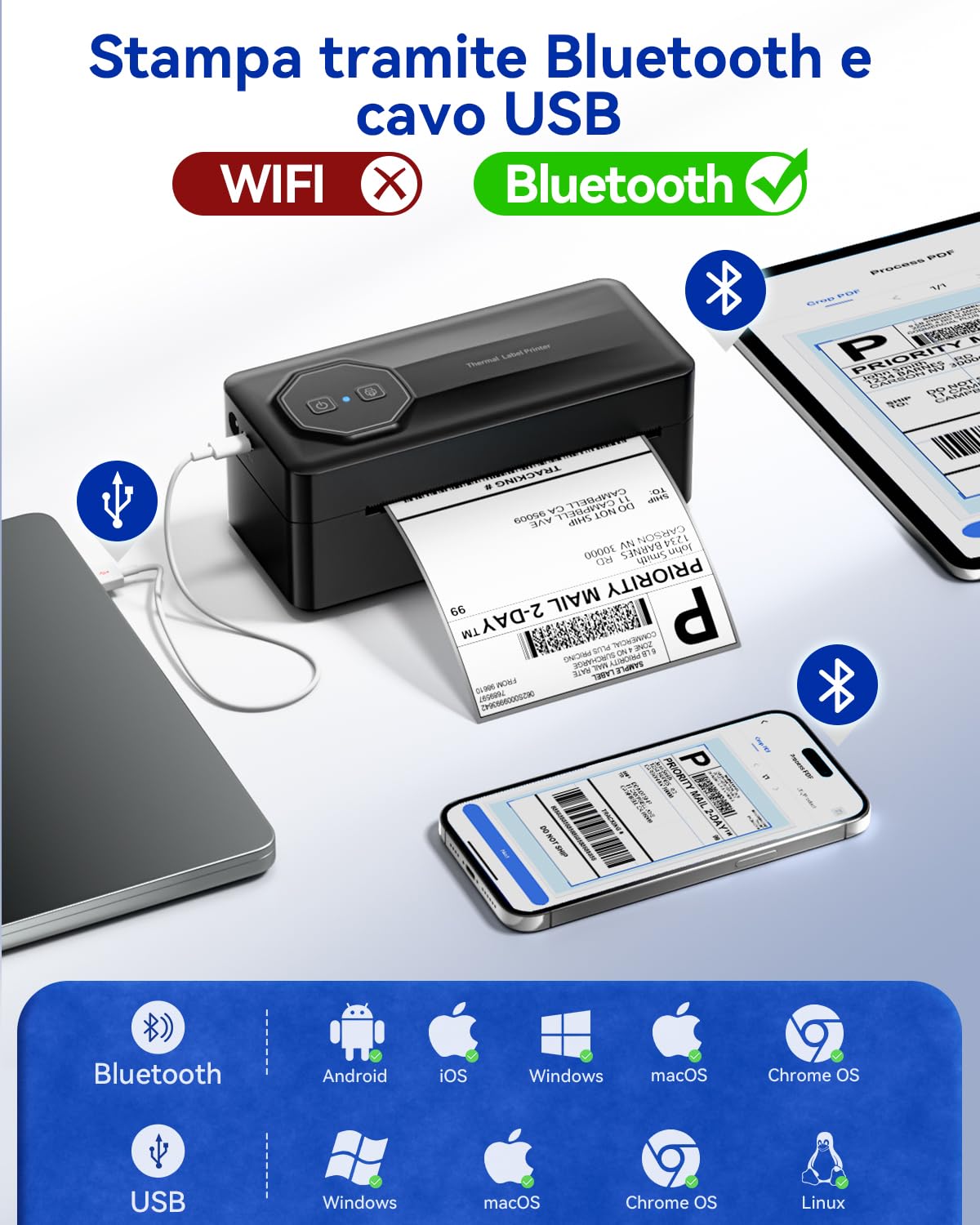 TATTMUSE Stampante termica Bluetooth da 4 x 6 pollici – Stampante per etichette di spedizione compatibile con DHL, Amazon, FedEx, Shopify, Etsy e Royal Mail. Ideale per codici a barre, etichette