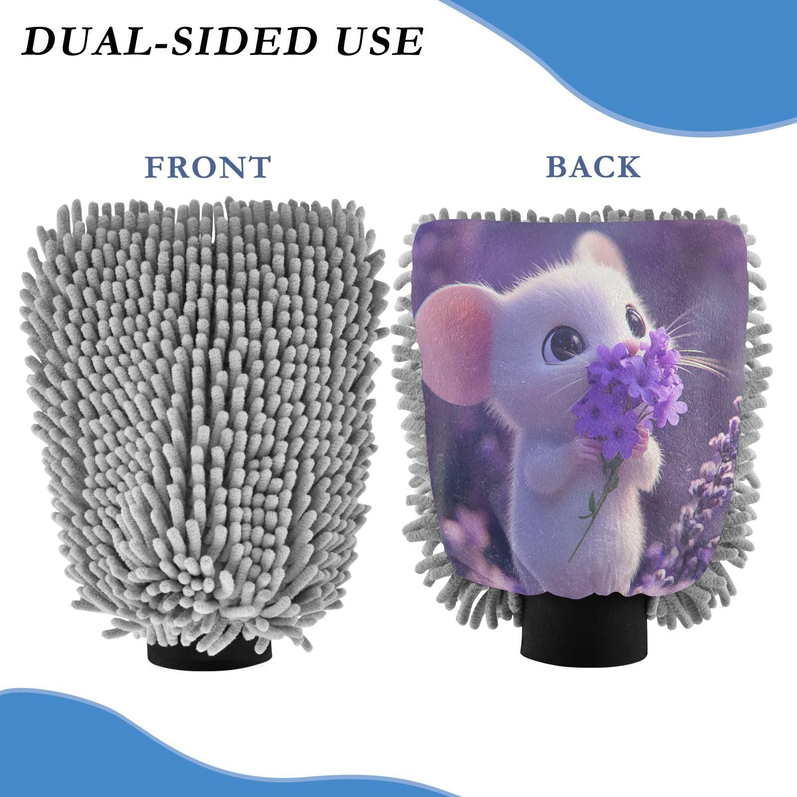 STAYTOP Cute White Mouse Car Wash Mitt Microfiber, 2Pcs Scratch Free Lint-Free, Premium Chenille Microfiber Mitt Car Wash Brush-M