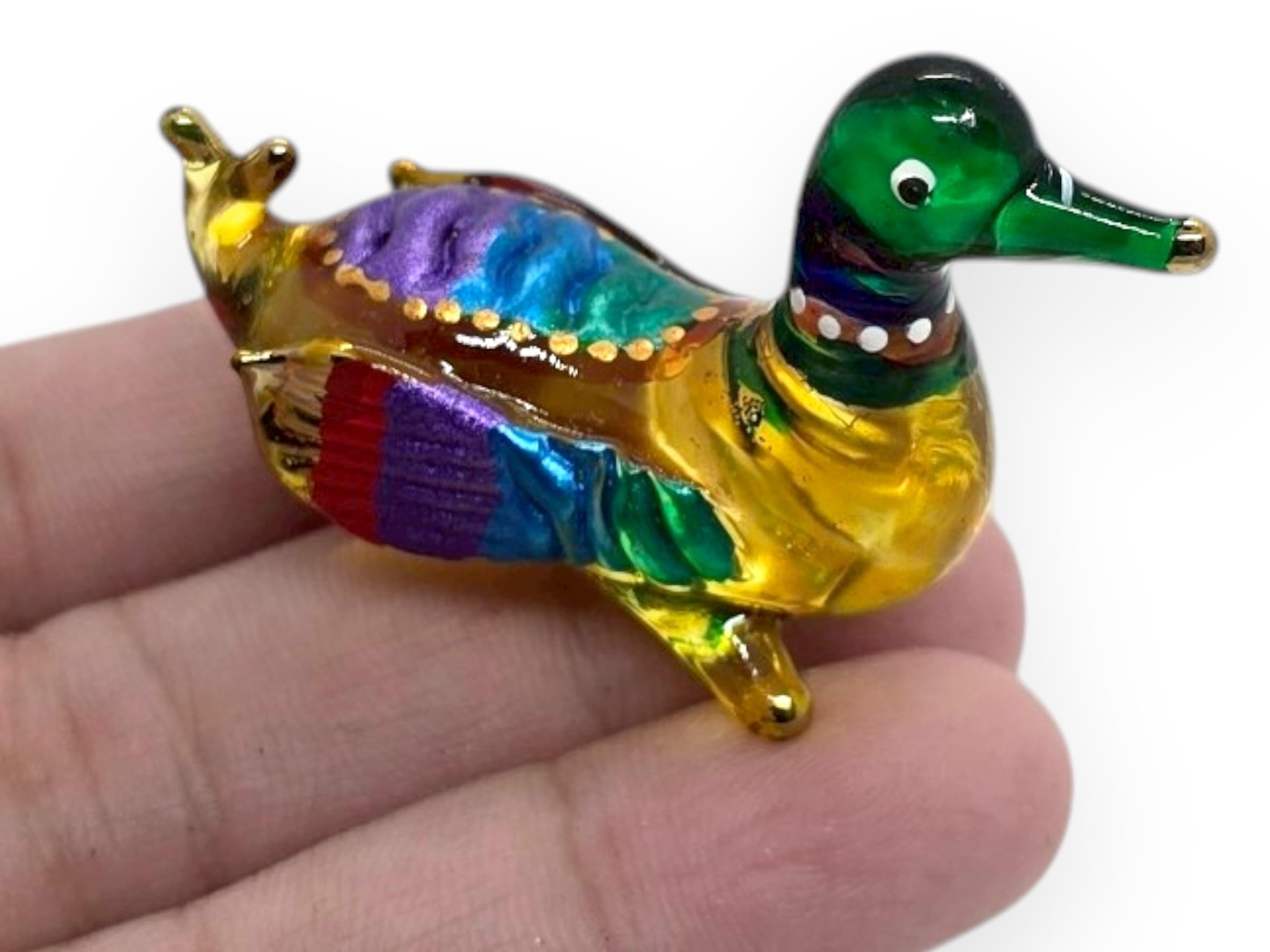 Tiny 1¾" Long Multicolor Sitting Duck Waterfowl Bird Figurine - Miniature Hand Blown Painted Glass Birds Colorful Crystal Animals Decorative Collectible Figurines Décor Gifts