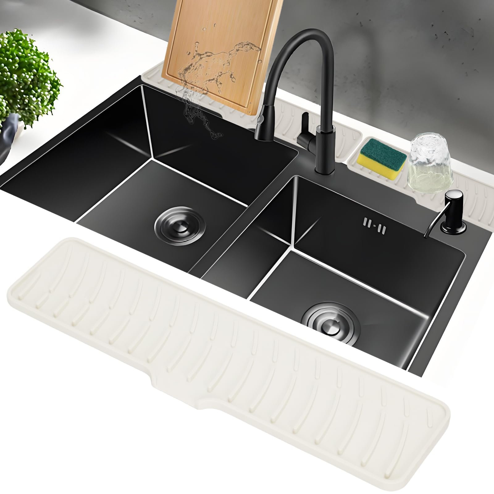 JNCST 2-Pack Silicone Draining Mats Set (42 * 10cm x 2) - Dual-Zone Narrow Splash Guard & Faucet Drip Catcher Tray Anti-Slip Draining Mat Protector for Kitchen & Bathroom Sinks(White)