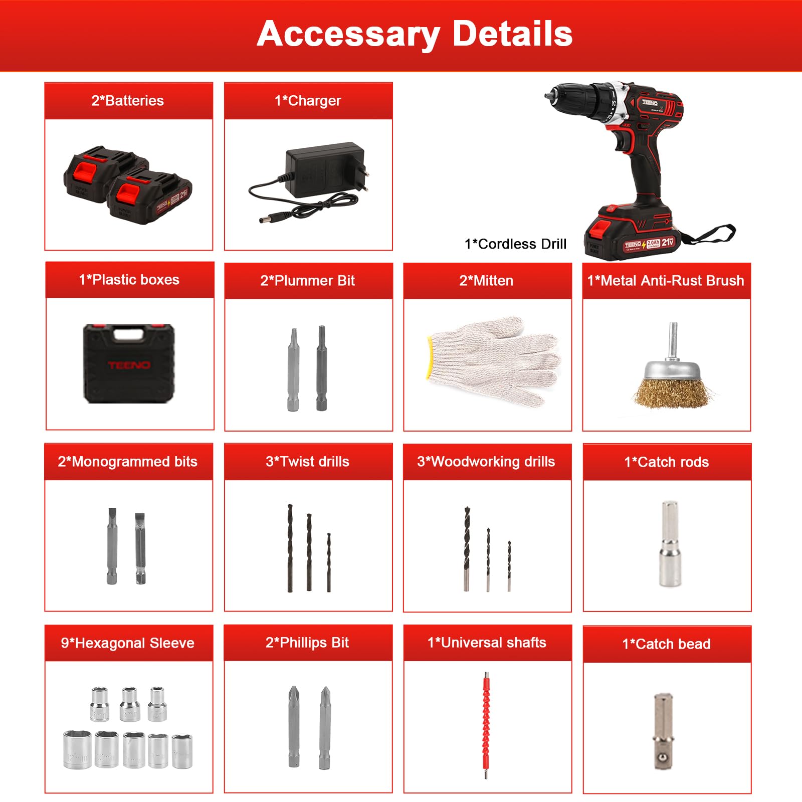 TEENO Taladro Atornillador Inalámbrico para Batería Makita de 21V 2 * 2,0 Ah Baterías,con Cepillo Antióxido de Metal, 45 Nm,25+1 Configuraciones de Par, 2 Velocidades, LED, 31 Accesorios y Maletín
