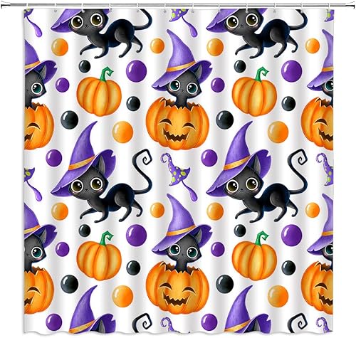 Bonita cortina de ducha de Halloween, gato negro, calabaza, sombrero mágico, divertido dibujo animado, para niños, feliz Halloween, naranja y