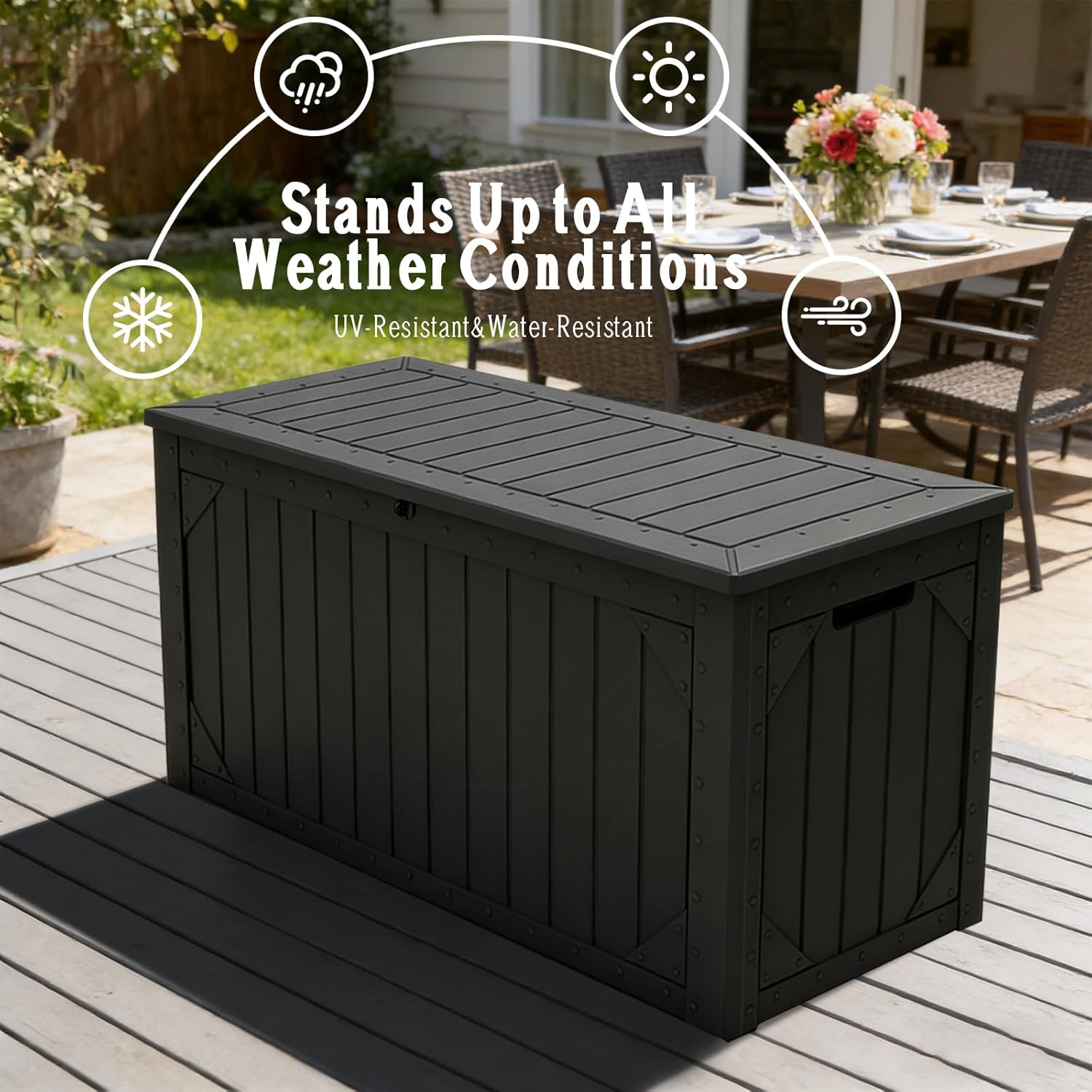 FEFLO 100 Gallon Resin Outdoor Storage Box - Large Weatherproof Lockable Deck Box with Hydraulic Lid & IP65 Rating for Garage, Patio Furniture, Garden Tools & Pool Supplies (Black)