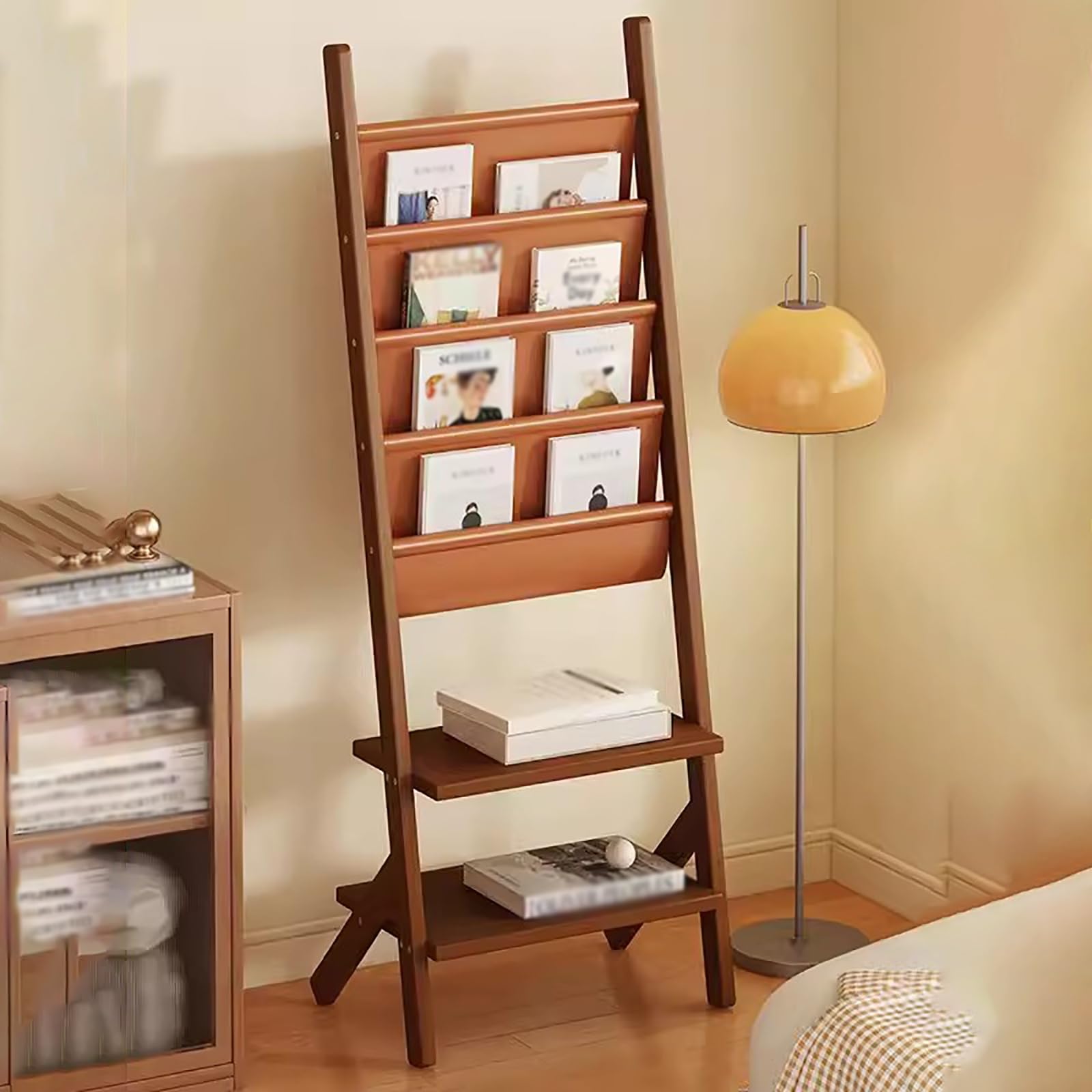 ASerZenith 5ft Tall Wood Modern Magazine Rack, Floor-Standing Show Shelves Magazine, Home/Office Brochures Holder Bookshelf, Brochure Rack Holds Comic Book, Documents, Information (Brown)