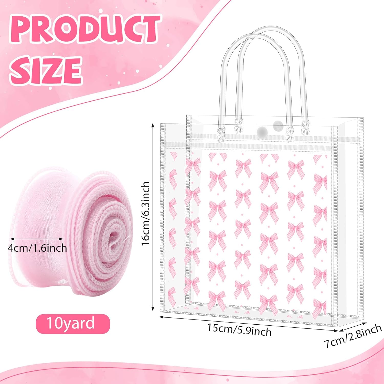Kolldenn 48 Pcs Pink Bow Clear PVC Gift Bags with Handle Ribbon Reusable Pink Coquette Bowknot Goodies Treats Totes Bulk for Birthday Wedding Baby Shower Party Supplies, 5.9 x 6.3 x 2.8 Inch - Image 4