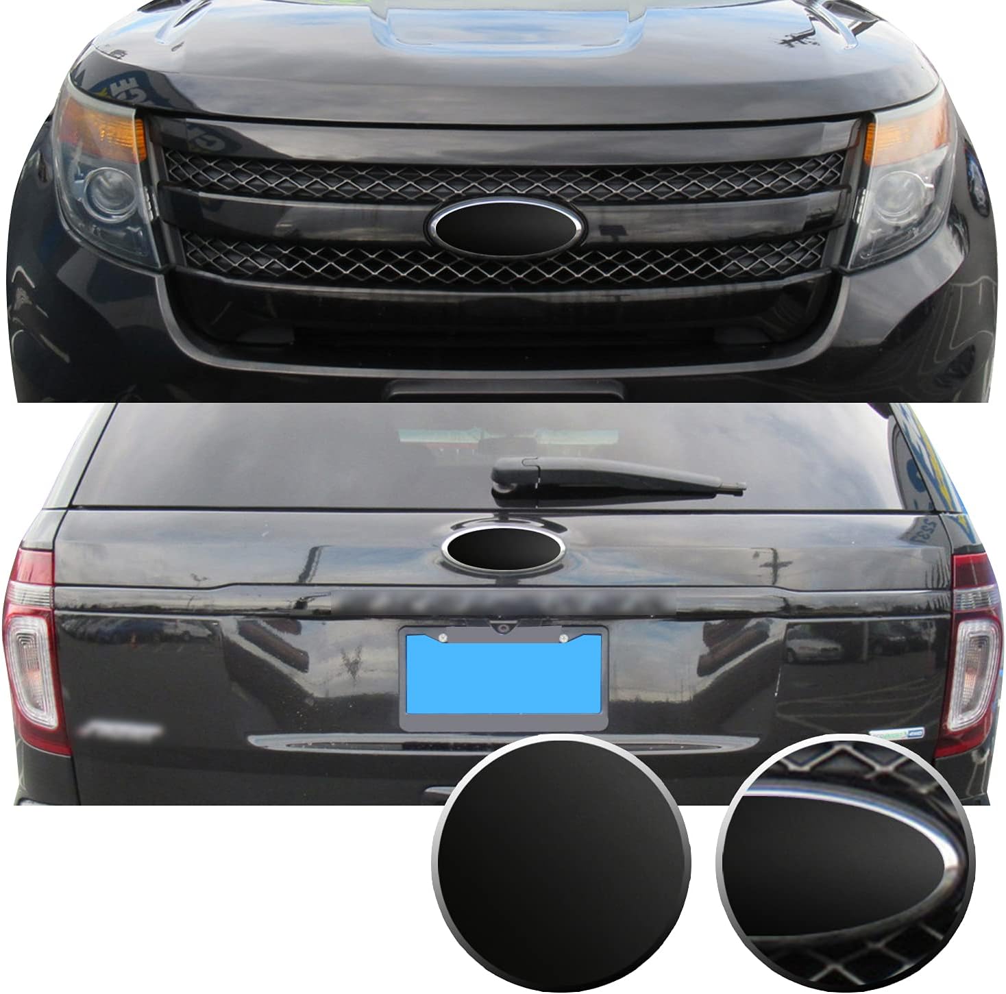 Gomu Front Rear Emblems Blackout Precut Vinyl Wrap Overlay Kit Compatible with Ford Explorer 2011 2012 2013 2014 2015 - Metallic Matte Chrome Black