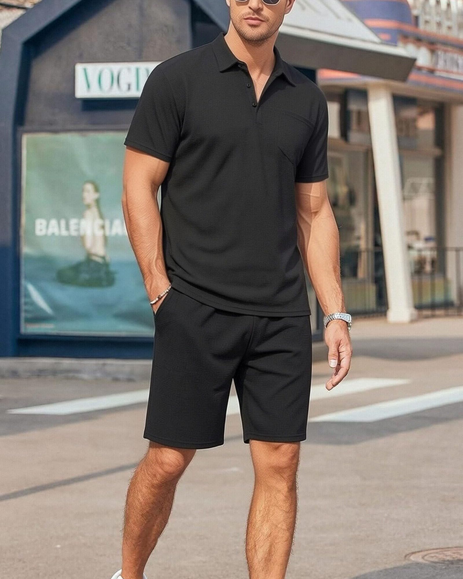 Męski dres letni kombinezon slim fit do joggingu, odzież codzienna, koszulka polo z krótkim rękawem i szortami, zestaw 2 szt