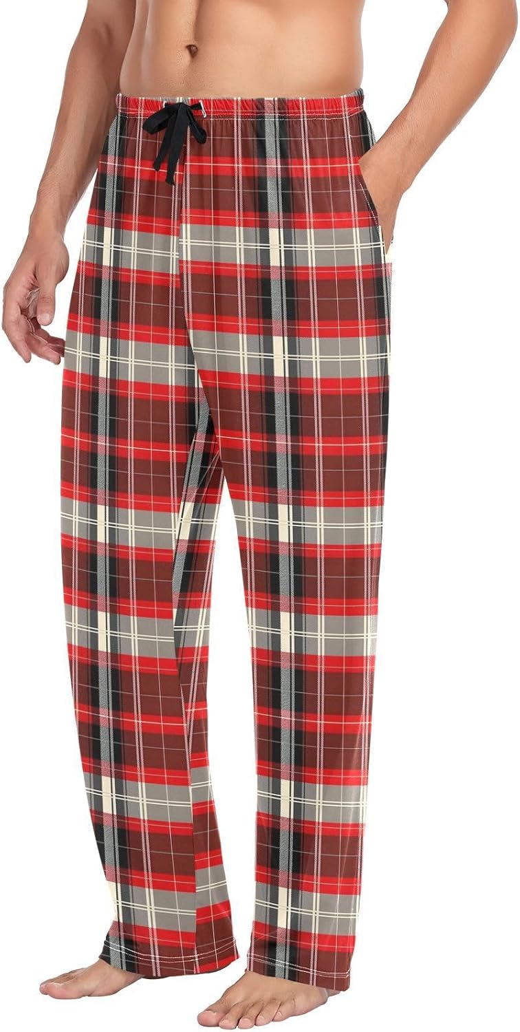 ALAZA Red Grid Tartan Cage Men's Pajama Pants Men Cotton Pajama Bottoms with Pockets, S