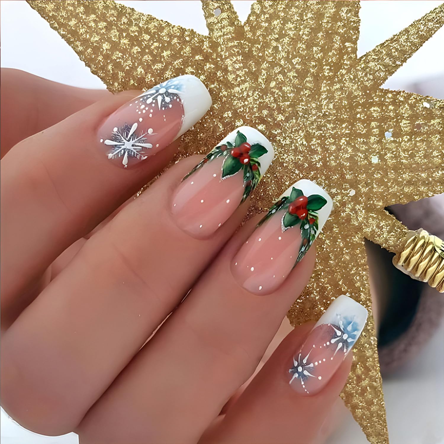 Xmas White French Tip Press on Nails Christmas Medium Fake Nails with Snowflakes Designs Coffin Stick on Nails Winter Cute False Nails Full Cover