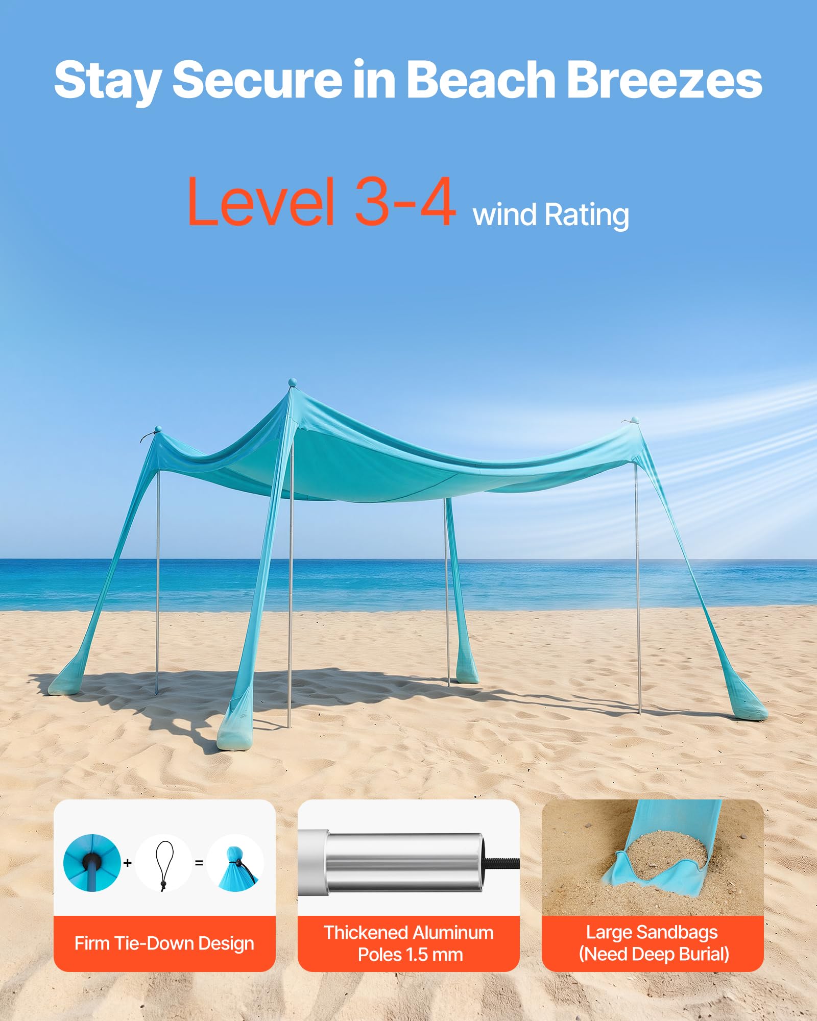 VEVOR Tienda de Playa Desplegable 3,0 x 3,0 m, Toldo de Playa Portátil, 2 m de Alto, Protección UPF 50+, 4 Polos con Sacos y Palas de Arena, Carpa Solar para Vacaciones Viajes Camping, Verde Turquesa