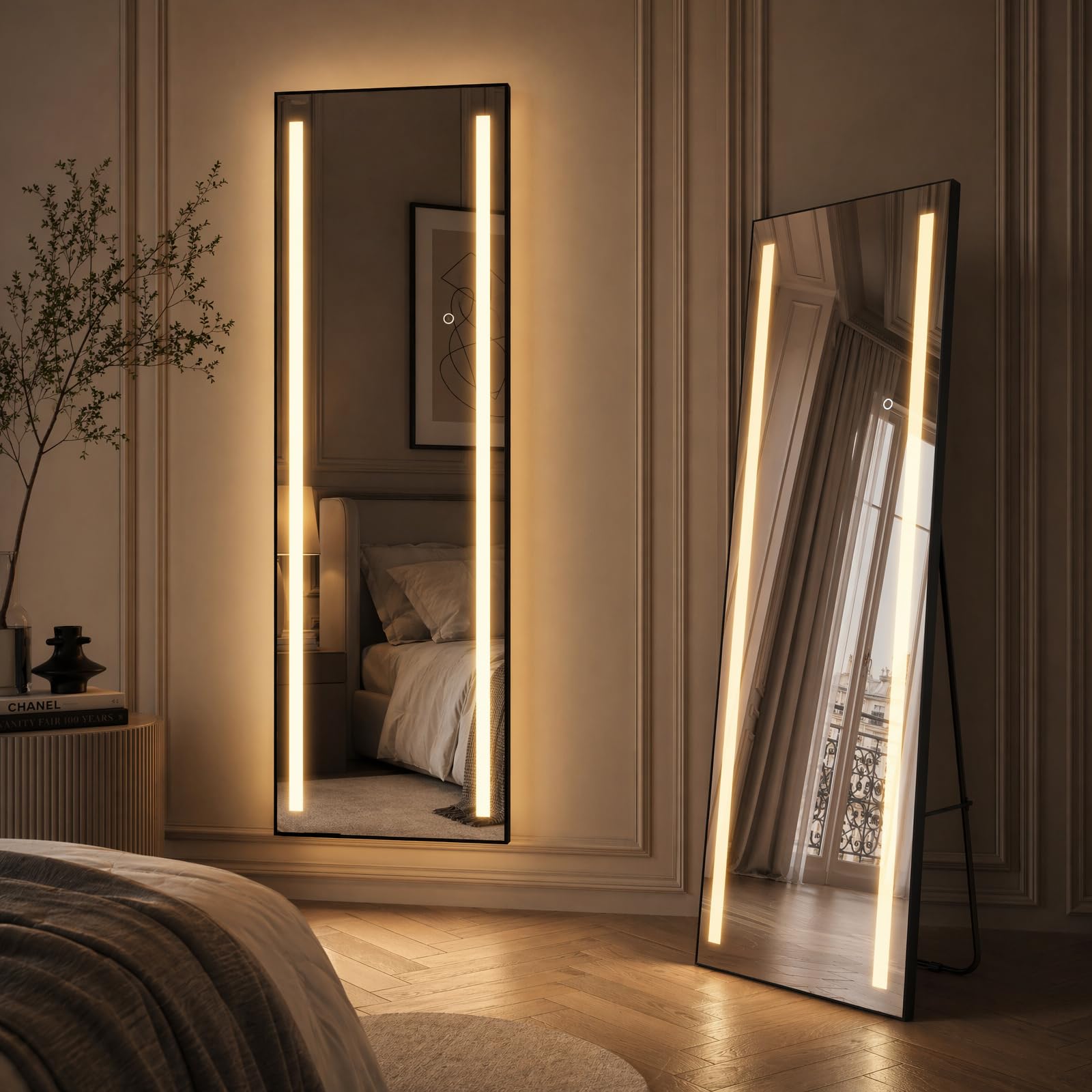 Grand Miroir sur Pied LED 150x50cm, Miroir Plein Pied Mural, 3 Couleurs Dimmable, Cadre Aluminium, Rectangulaire Noir