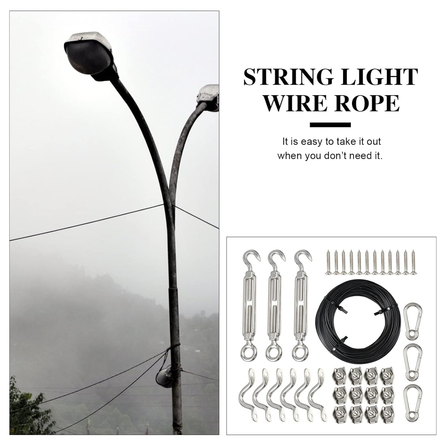 1set Stainless Steel String Light Hanging Wire Kit Turnbuckle Easy Install Steel Rope for Outdoor Decor Picture Display Clothesline Use