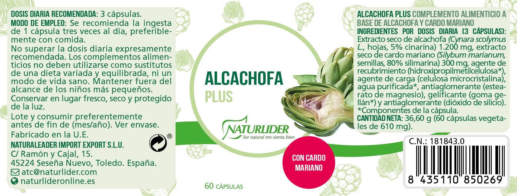 Naturlider - Alcachofa Plus - Complemento alimenticio a base de alcachofa y cardo mariano - 60 cápsulas