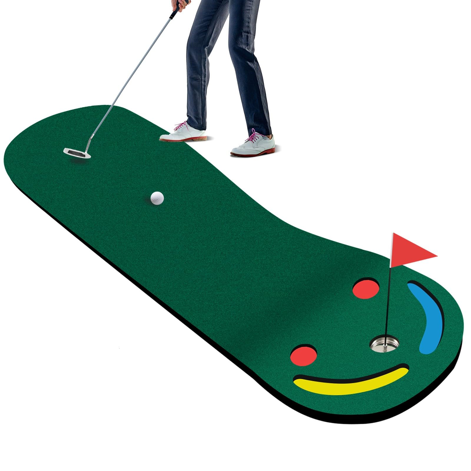 LIFEZEAL Golf Puttingmatte, Übungmatte Golfmatte mit 3 Löchern, Abschlagmatte Golf mit Bunte Fahne, 5 Abstandshältern für Bohrungen, Dicke Training Matte für Zuhause, Garten, Garage